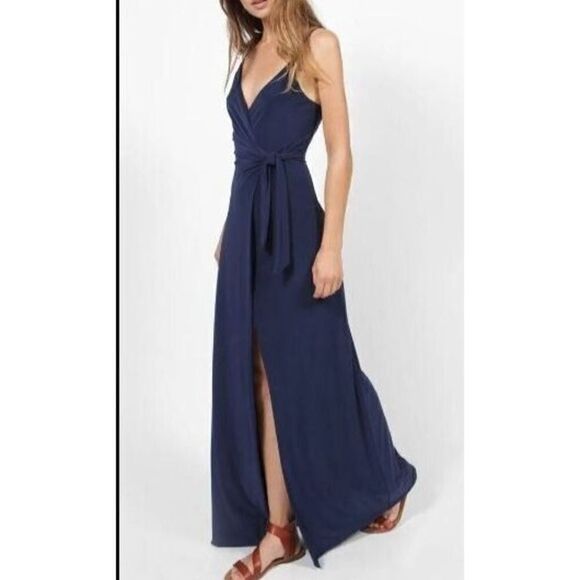 MISA Los Angeles Women's Sz S Navy Blue Veronika Wrap Front Maxi Dress - Picture 1 of 7